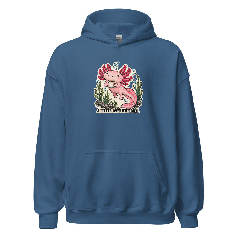 YOP garment: A Little Overwhelmed Axolotl Hoodie · Indigo Blue · Front