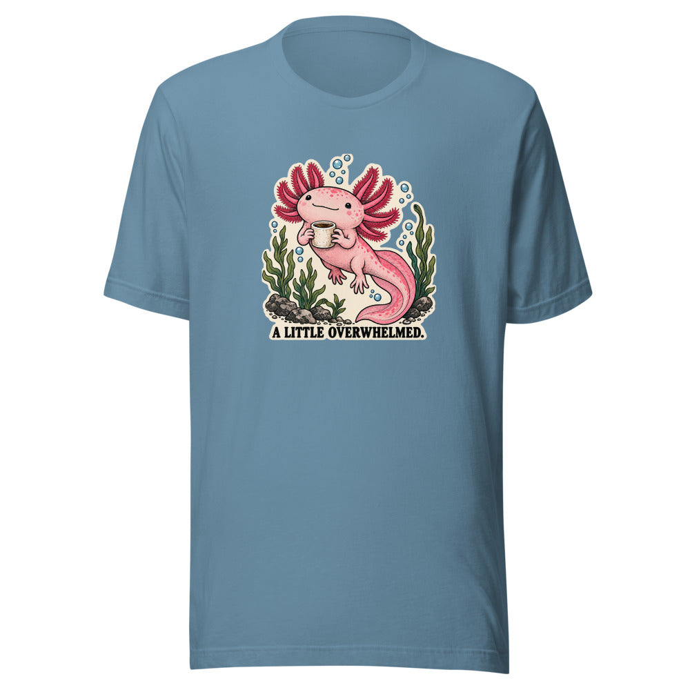 YOP garment: A Little Overwhelmed Axolotl Tee · Steel Blue · Front