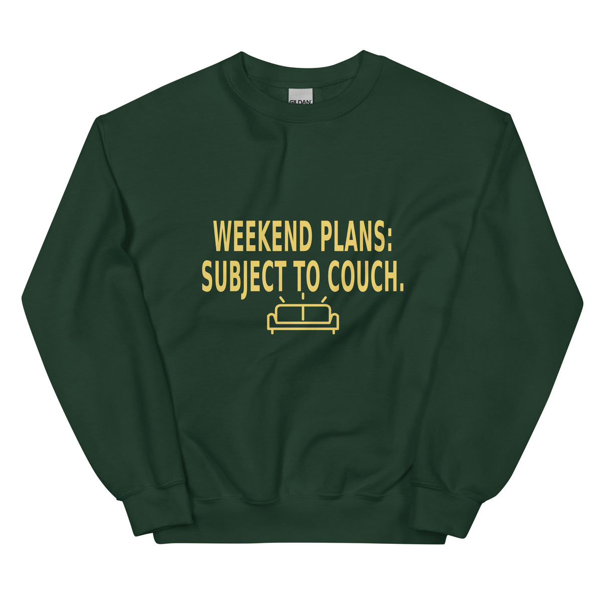 YOP garment: Couch Plans Crewneck · Forest Green · front — Product mockup