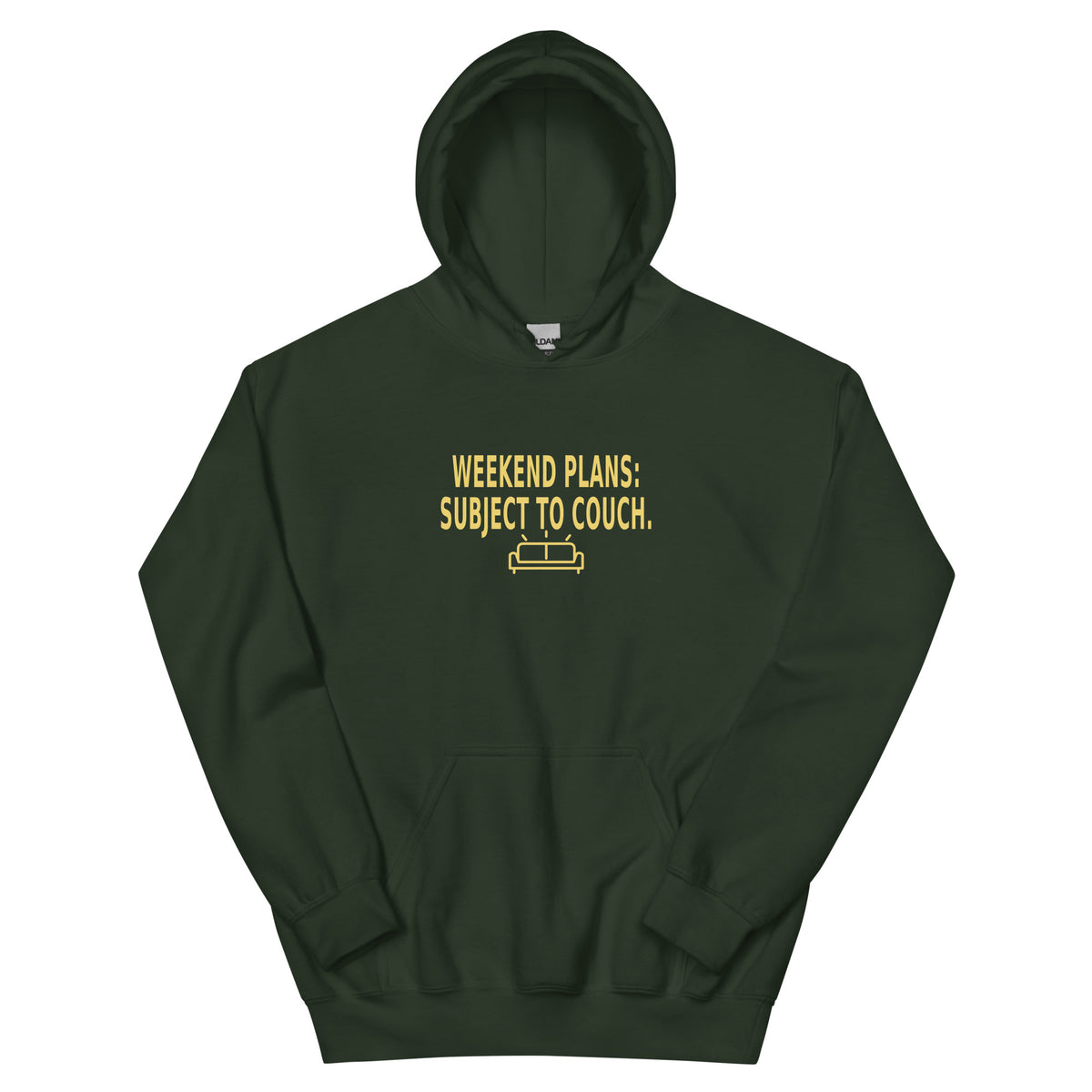 YOP garment: Couch Plans Hoodie · Forest Green · front — Product mockup