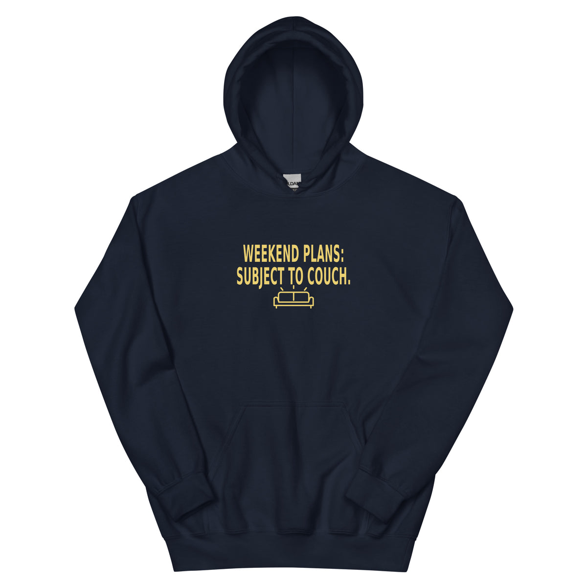 YOP garment: Couch Plans Hoodie · Navy · front — Product mockup